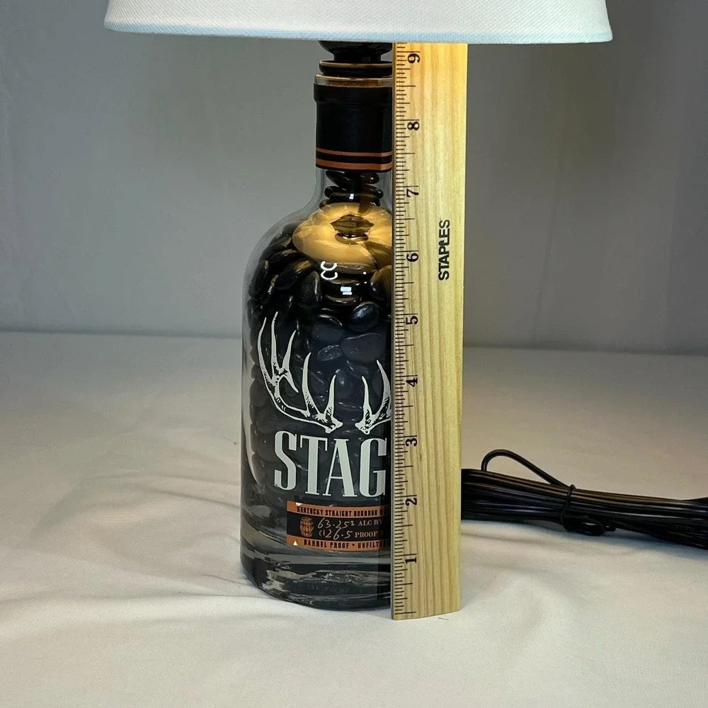Stagg Bourbon Whiskey Bottle Lamp with Black River Stones and White Shade 15.5in